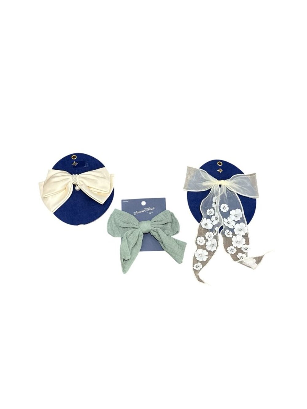 Set Of 3 Women's Hair Bows - Satin, Mesh & Cotton